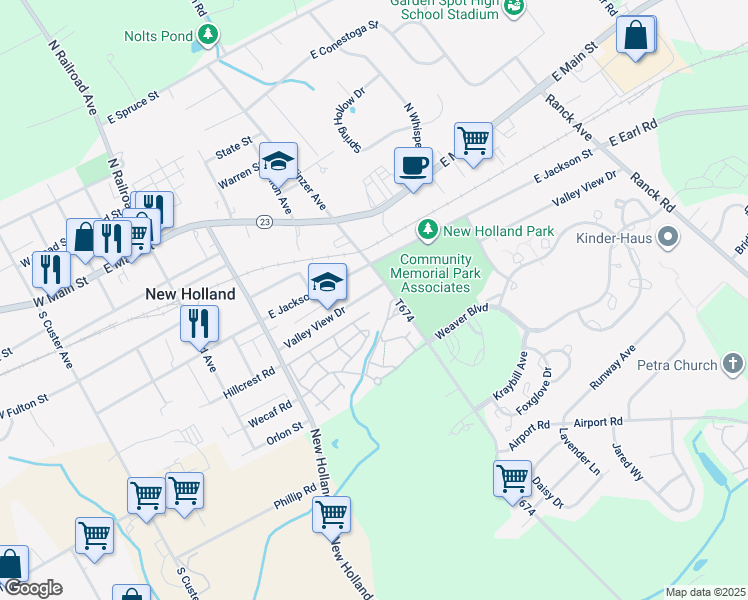 map of restaurants, bars, coffee shops, grocery stores, and more near 390 Valley View Dr in New Holland