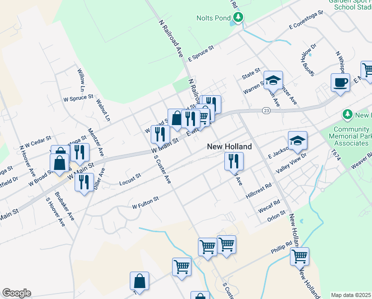 map of restaurants, bars, coffee shops, grocery stores, and more near 26 South Roberts Avenue in New Holland