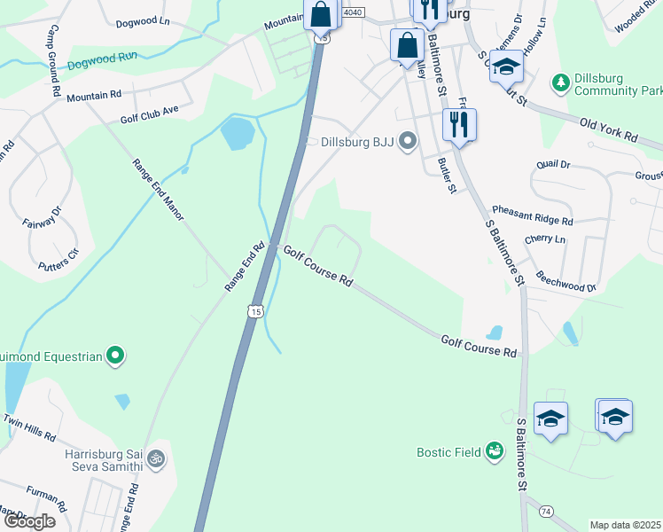 map of restaurants, bars, coffee shops, grocery stores, and more near 70 Golf Course Road in Dillsburg
