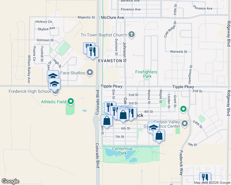 map of restaurants, bars, coffee shops, grocery stores, and more near 160 Flora Court in Frederick