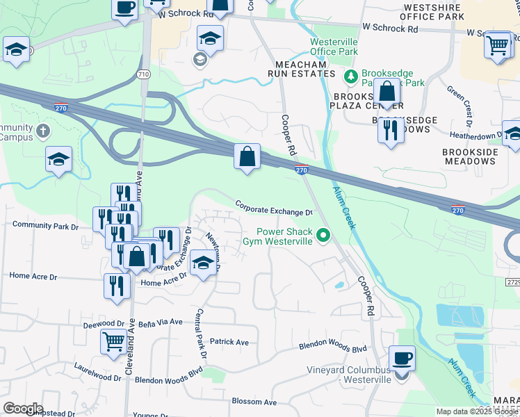 map of restaurants, bars, coffee shops, grocery stores, and more near 3000 Corporate Exchange Drive in Columbus