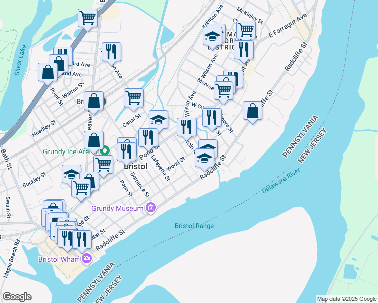 map of restaurants, bars, coffee shops, grocery stores, and more near 1016 Wood Street in Bristol