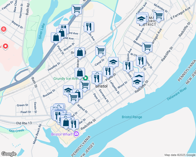 map of restaurants, bars, coffee shops, grocery stores, and more near 424 Dorrance Street in Bristol