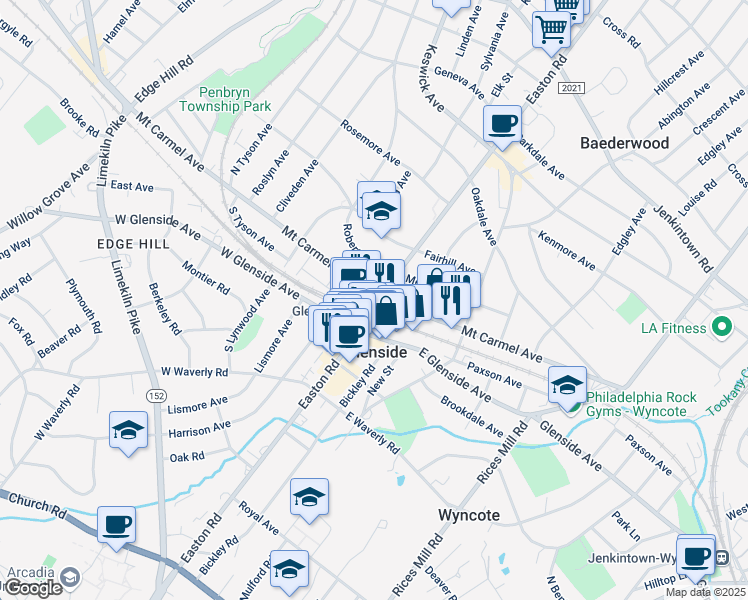 map of restaurants, bars, coffee shops, grocery stores, and more near 117 South Easton Road in Glenside