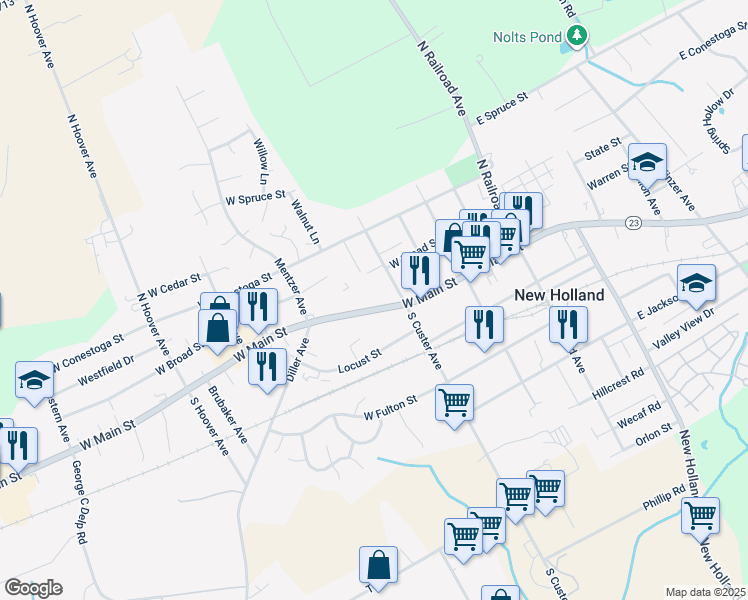 map of restaurants, bars, coffee shops, grocery stores, and more near 234 West Main Street in New Holland