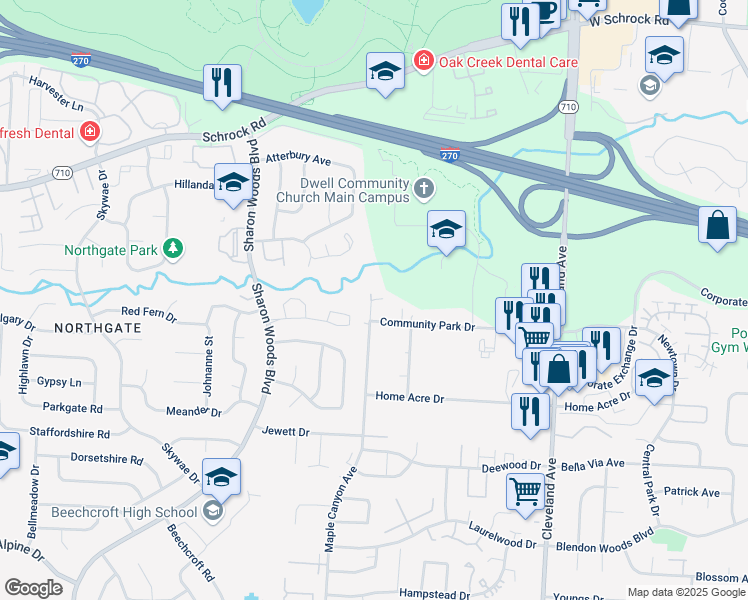 map of restaurants, bars, coffee shops, grocery stores, and more near 1220 Community Park Drive in Columbus