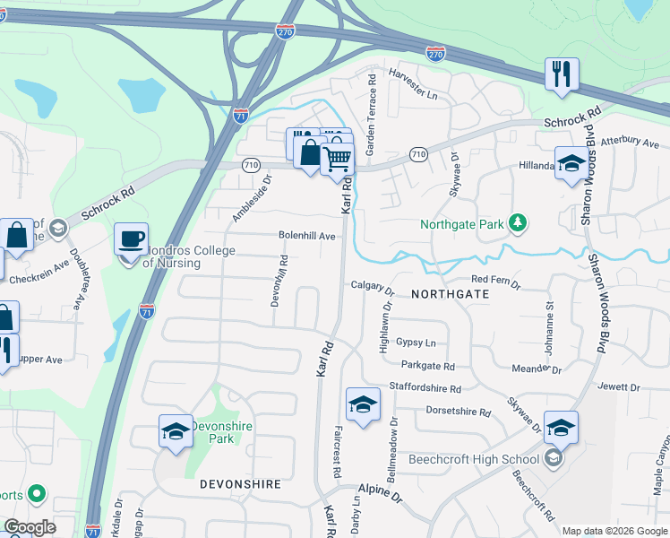map of restaurants, bars, coffee shops, grocery stores, and more near 6542 Dobson Square West in Columbus