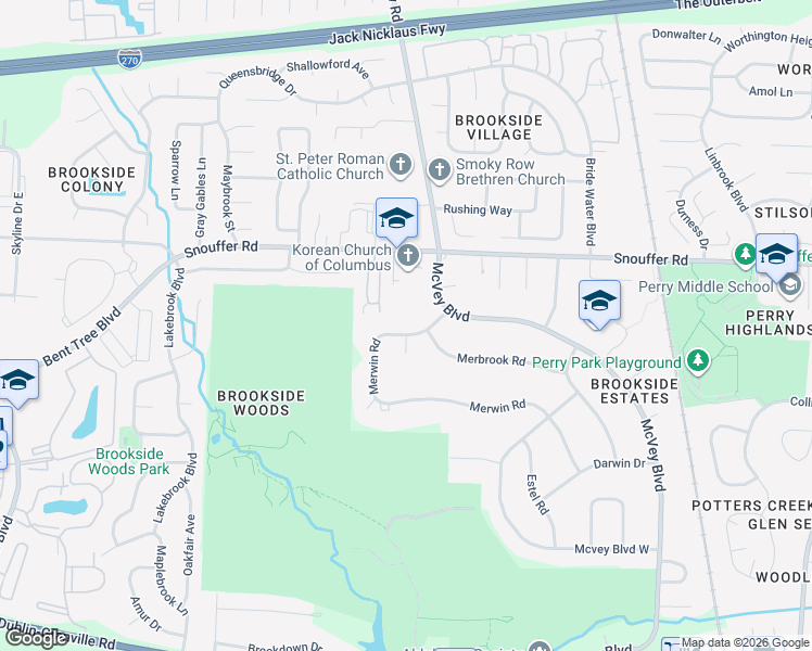 map of restaurants, bars, coffee shops, grocery stores, and more near 6751 Merwin Place in Columbus