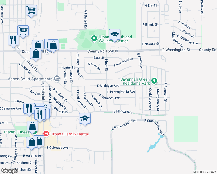 map of restaurants, bars, coffee shops, grocery stores, and more near 2105 East Pennsylvania Avenue in Urbana