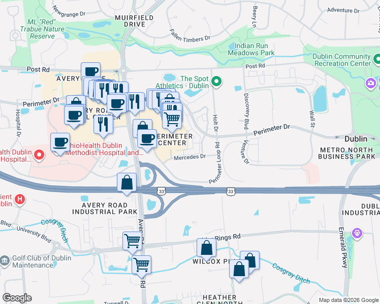 map of restaurants, bars, coffee shops, grocery stores, and more near 6112 Inishmore Lane in Dublin