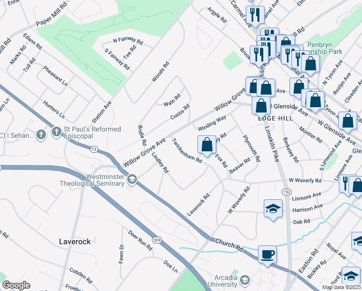 map of restaurants, bars, coffee shops, grocery stores, and more near 623 Twickenham Road in Glenside