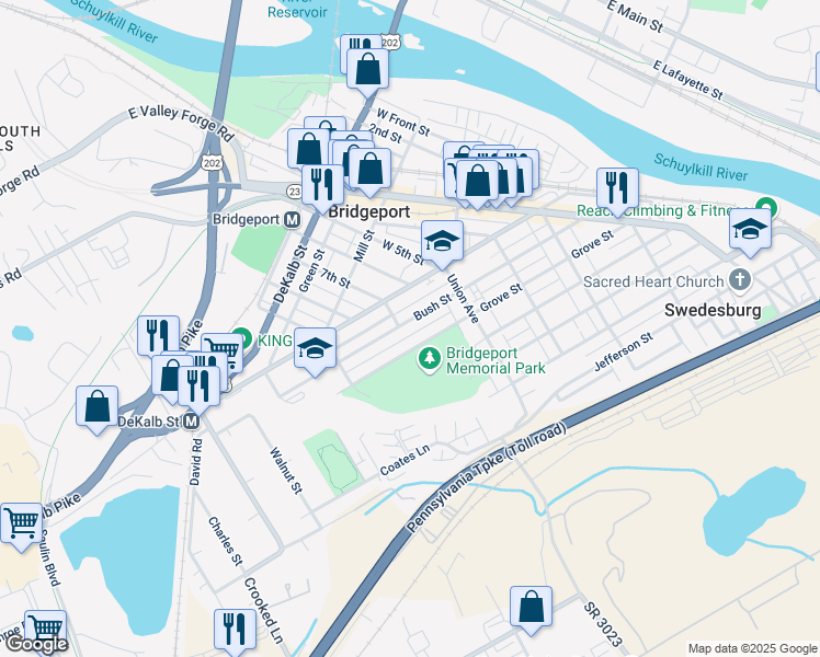 map of restaurants, bars, coffee shops, grocery stores, and more near 713 Grove Street in Bridgeport