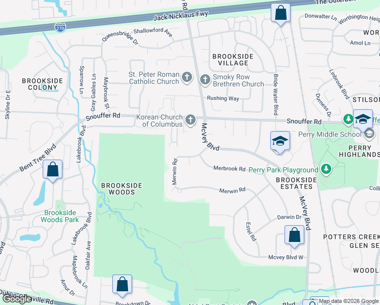 map of restaurants, bars, coffee shops, grocery stores, and more near 6751 Merwin Place in Columbus