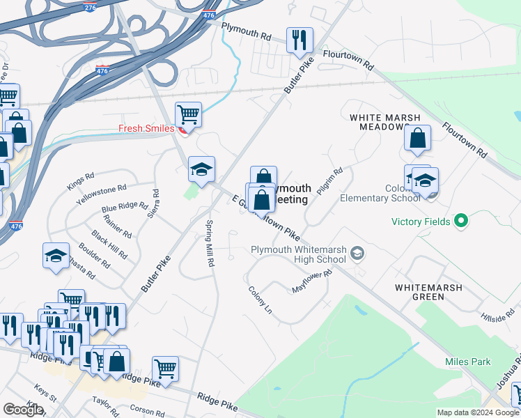 map of restaurants, bars, coffee shops, grocery stores, and more near 27 East Germantown Pike in Plymouth Meeting