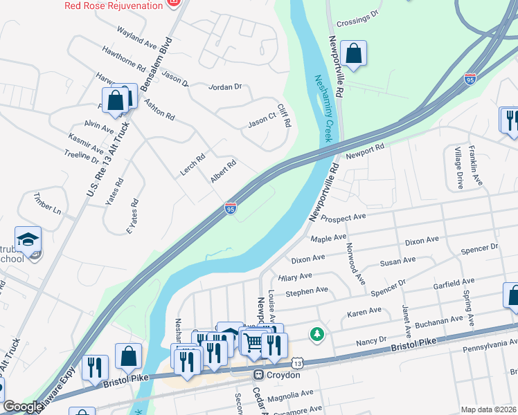map of restaurants, bars, coffee shops, grocery stores, and more near 4712 Dunston Road in Bensalem