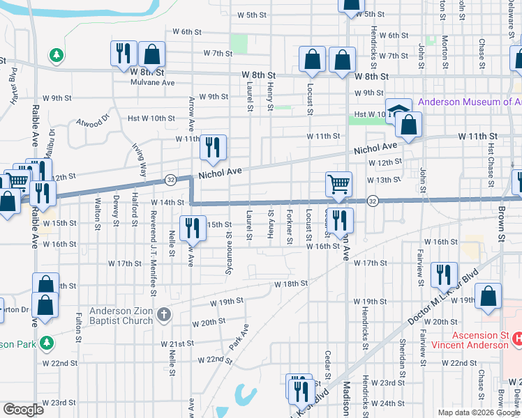 map of restaurants, bars, coffee shops, grocery stores, and more near 1325 West 15th Street in Anderson