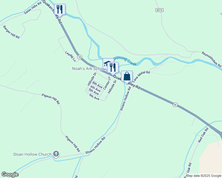 map of restaurants, bars, coffee shops, grocery stores, and more near Hillside Drive in Bedford County