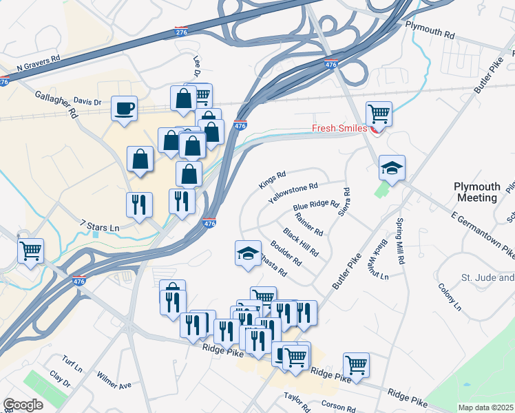 map of restaurants, bars, coffee shops, grocery stores, and more near 214 Blue Ridge Road in Plymouth Meeting