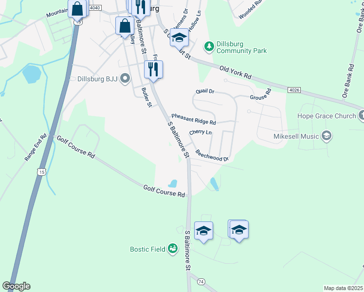 map of restaurants, bars, coffee shops, grocery stores, and more near 492 South Baltimore Street in Dillsburg