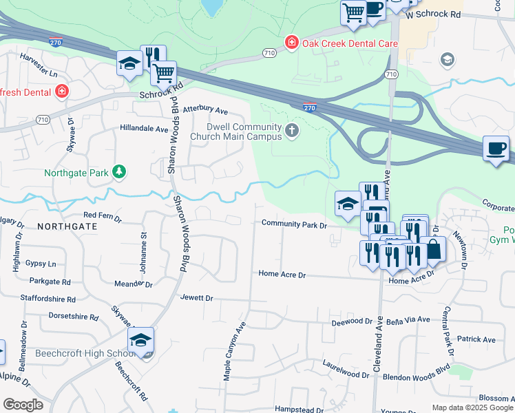 map of restaurants, bars, coffee shops, grocery stores, and more near 1220 Community Park Drive in Columbus