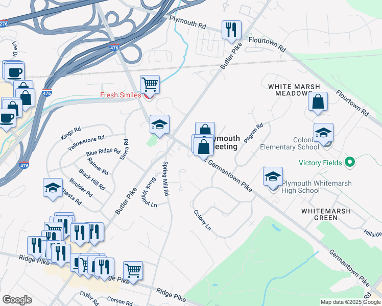 map of restaurants, bars, coffee shops, grocery stores, and more near 12 East Germantown Pike in Plymouth Meeting