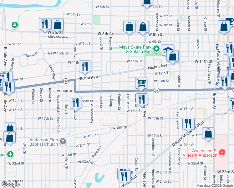 map of restaurants, bars, coffee shops, grocery stores, and more near 1407 Forkner Street in Anderson