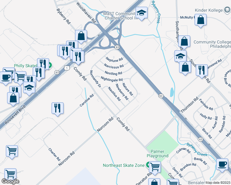 map of restaurants, bars, coffee shops, grocery stores, and more near 2859 Nautilus Road in Philadelphia