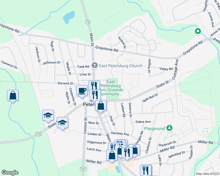 map of restaurants, bars, coffee shops, grocery stores, and more near 6051 Pine Street in East Petersburg