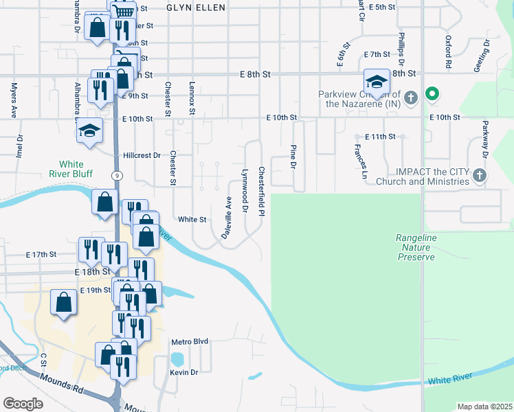 map of restaurants, bars, coffee shops, grocery stores, and more near 1427 Chesterfield Place in Anderson