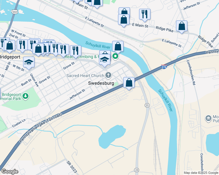 map of restaurants, bars, coffee shops, grocery stores, and more near 739 Tose Street in Bridgeport
