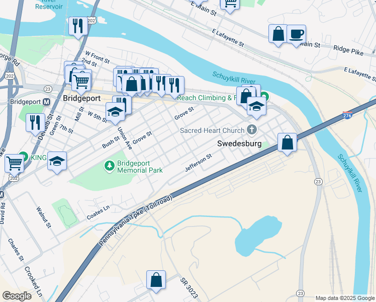 map of restaurants, bars, coffee shops, grocery stores, and more near 504 Holstein Street in Bridgeport