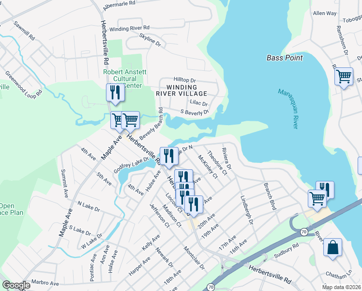 map of restaurants, bars, coffee shops, grocery stores, and more near 213 Cleveland Court in Brick Township