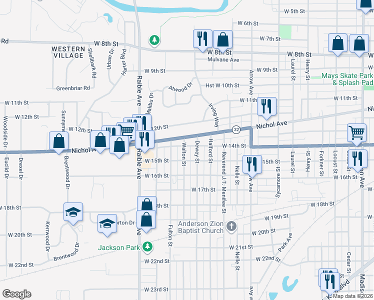 map of restaurants, bars, coffee shops, grocery stores, and more near 1430 Walton Street in Anderson