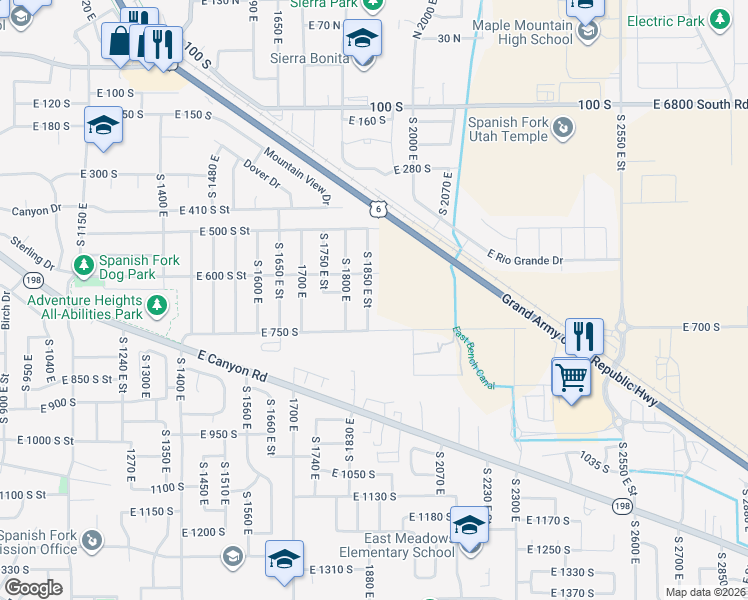 map of restaurants, bars, coffee shops, grocery stores, and more near 655 South 1850 East in Spanish Fork