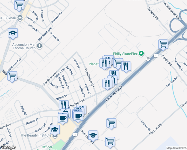 map of restaurants, bars, coffee shops, grocery stores, and more near 10606 Cowden Street in Philadelphia
