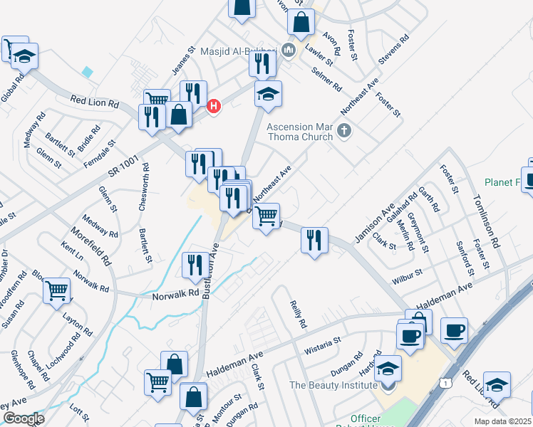 map of restaurants, bars, coffee shops, grocery stores, and more near 920 Red Lion Road in Philadelphia