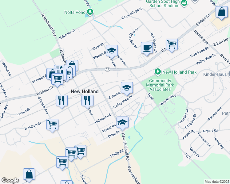 map of restaurants, bars, coffee shops, grocery stores, and more near 312 East Jackson Street in New Holland