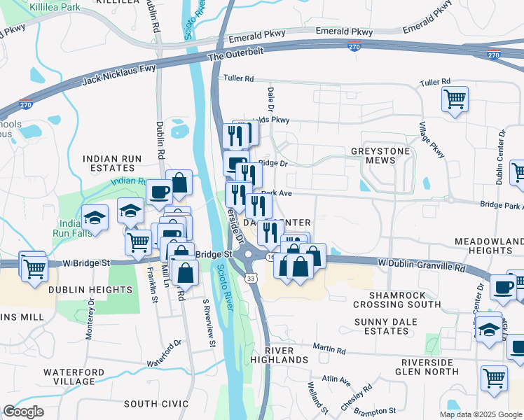 map of restaurants, bars, coffee shops, grocery stores, and more near 6550 Longshore Street in Dublin