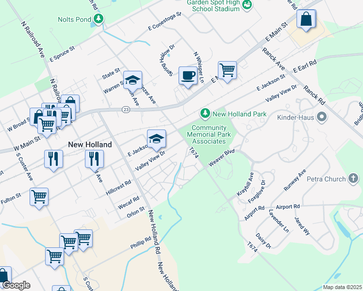 map of restaurants, bars, coffee shops, grocery stores, and more near 394 Valley View Drive in New Holland