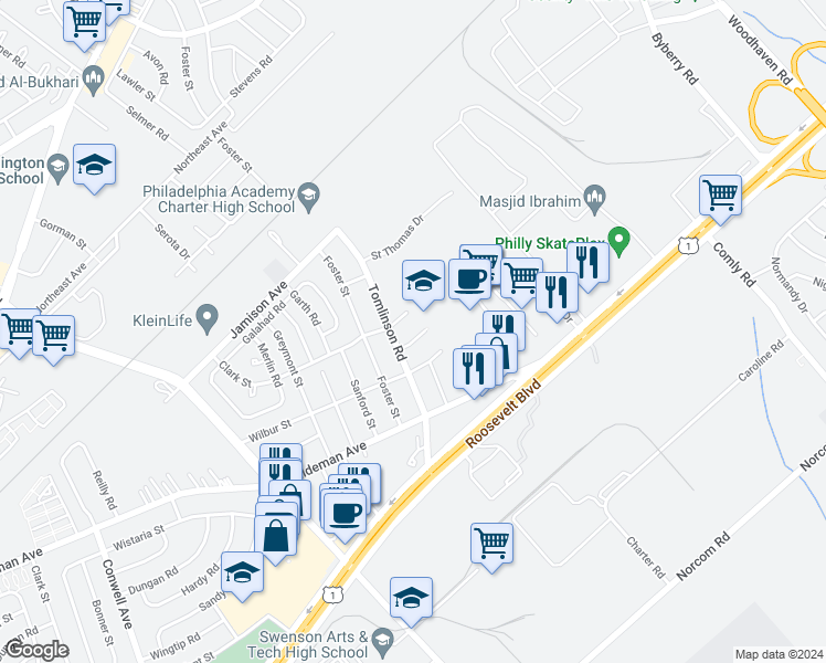 map of restaurants, bars, coffee shops, grocery stores, and more near 10606 Cowden Street in Philadelphia
