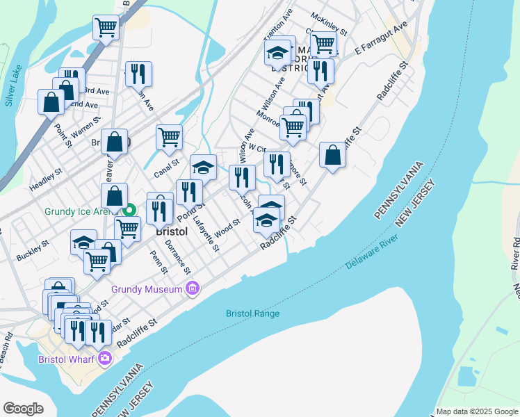 map of restaurants, bars, coffee shops, grocery stores, and more near 1110 Wood St in Bristol