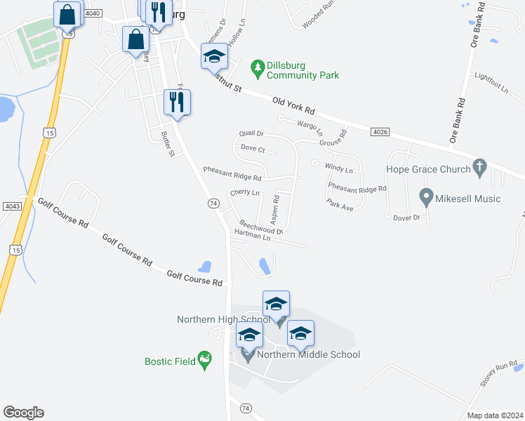 map of restaurants, bars, coffee shops, grocery stores, and more near 37 Beechwood Drive in Dillsburg