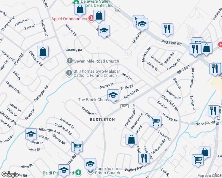map of restaurants, bars, coffee shops, grocery stores, and more near 9808 Bridle Road in Philadelphia