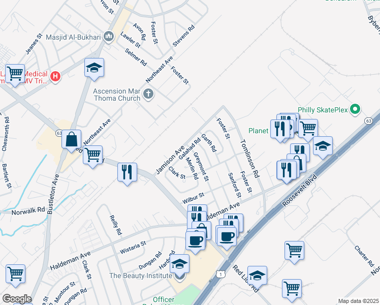map of restaurants, bars, coffee shops, grocery stores, and more near 1850 Greymont St in Philadelphia