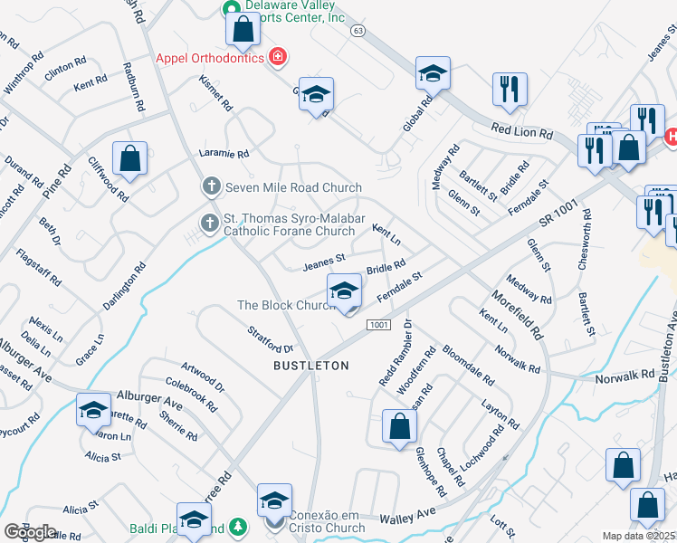 map of restaurants, bars, coffee shops, grocery stores, and more near 9808 Bridle Road in Philadelphia