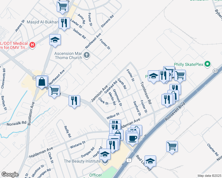 map of restaurants, bars, coffee shops, grocery stores, and more near 1850 Greymont St in Philadelphia