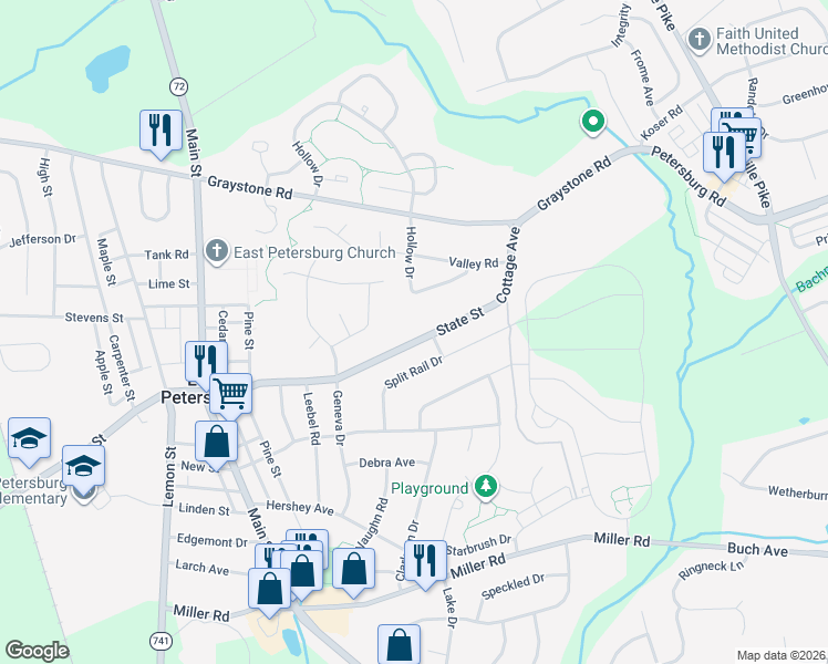 map of restaurants, bars, coffee shops, grocery stores, and more near 2545 State Street in East Petersburg