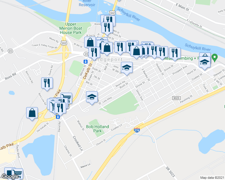 map of restaurants, bars, coffee shops, grocery stores, and more near 702 Beech Court in Bridgeport