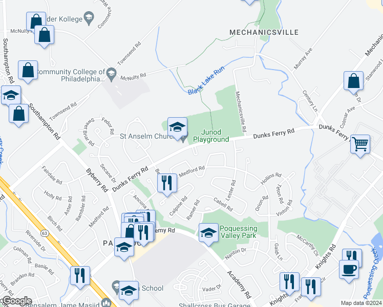 map of restaurants, bars, coffee shops, grocery stores, and more near 12709 Dunks Ferry Place in Philadelphia