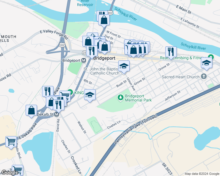 map of restaurants, bars, coffee shops, grocery stores, and more near 702 Beech Court in Bridgeport